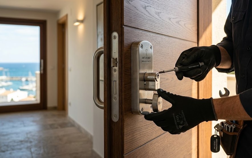 Instalación de cerradura de alta seguridad en puerta de apartamento vacacional en Roses